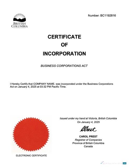 British Columbia certificate of incorporation Word and PDF template, version 2